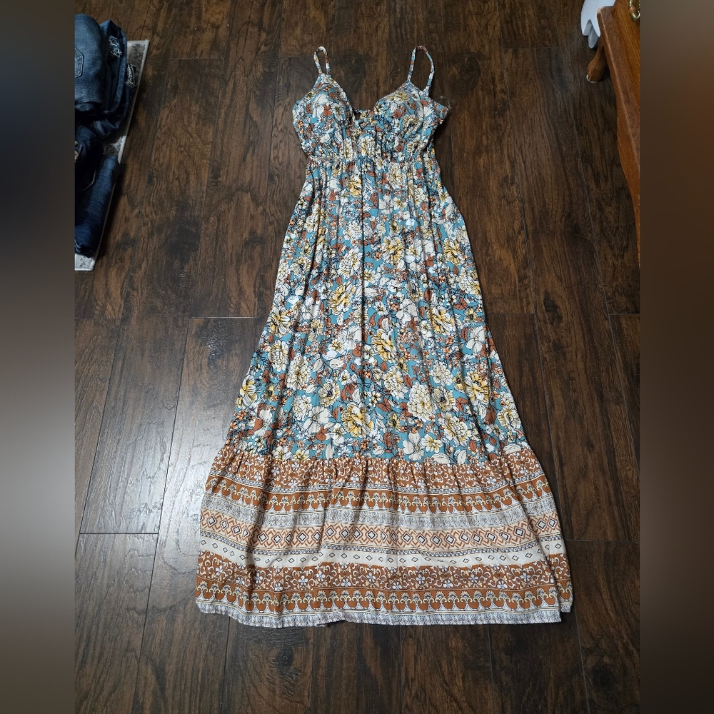 Lily Rose Floral Maxi Dress in Blue and Brown